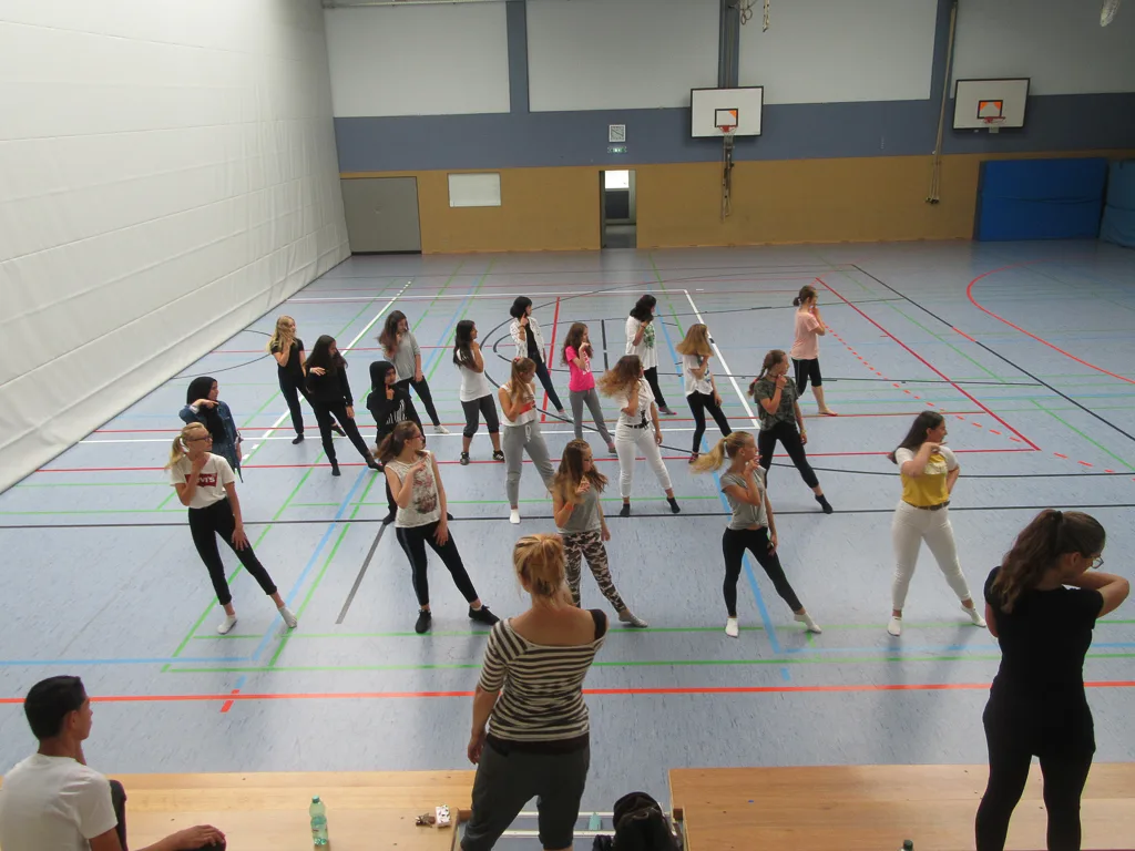 Blick über die Sporthalle auf die Tanzgruppe.